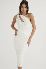 Elegant Pleated One-Shoulder Fishbone Hollow Long Dress Elegant Pleated One-Shoulder Fishbone Hollow Long Dress