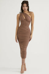 Elegant Pleated One-Shoulder Fishbone Hollow Long Dress Elegant Pleated One-Shoulder Fishbone Hollow Long Dress