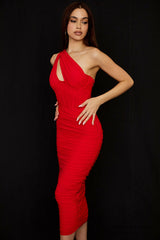 Elegant Pleated One-Shoulder Fishbone Hollow Long Dress Elegant Pleated One-Shoulder Fishbone Hollow Long Dress