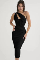 Elegant Pleated One-Shoulder Fishbone Hollow Long Dress Elegant Pleated One-Shoulder Fishbone Hollow Long Dress