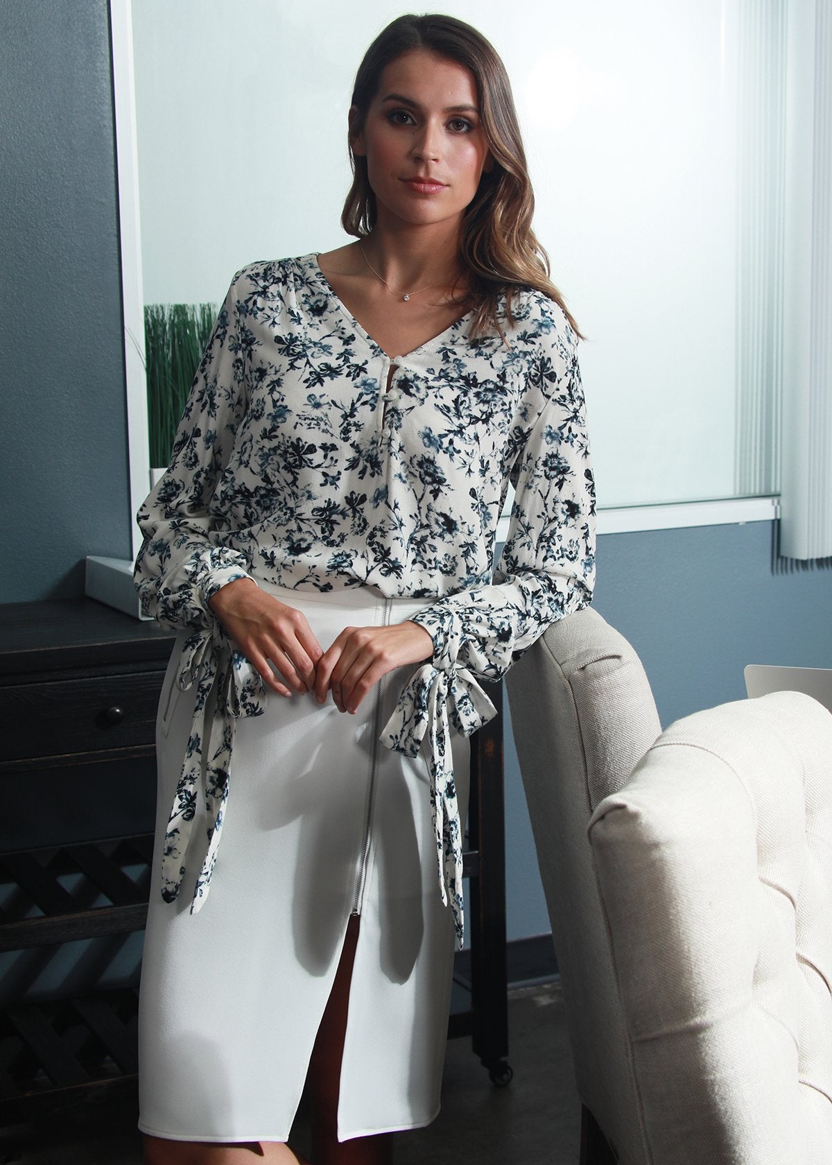 Ethereal Ivory Floral Garden V-neck Tie Cuff Blouse