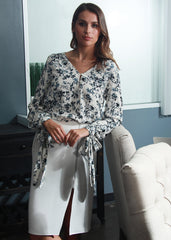 Ethereal Ivory Floral Garden V-neck Tie Cuff Blouse Ethereal Ivory Floral Garden V-neck Tie Cuff Blouse