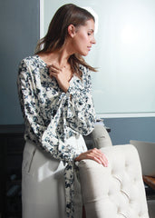 Ethereal Ivory Floral Garden V-neck Tie Cuff Blouse Ethereal Ivory Floral Garden V-neck Tie Cuff Blouse