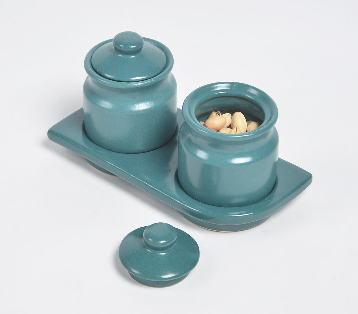 Pottery Ceramic Teal Tray & 2 Jars with Lids