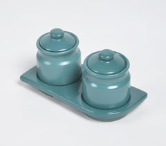 Pottery Ceramic Teal Tray & 2 Jars with Lids Pottery Ceramic Teal Tray & 2 Jars with Lids