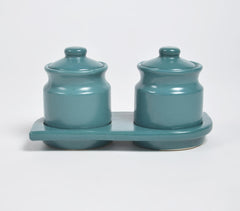 Pottery Ceramic Teal Tray & 2 Jars with Lids Pottery Ceramic Teal Tray & 2 Jars with Lids