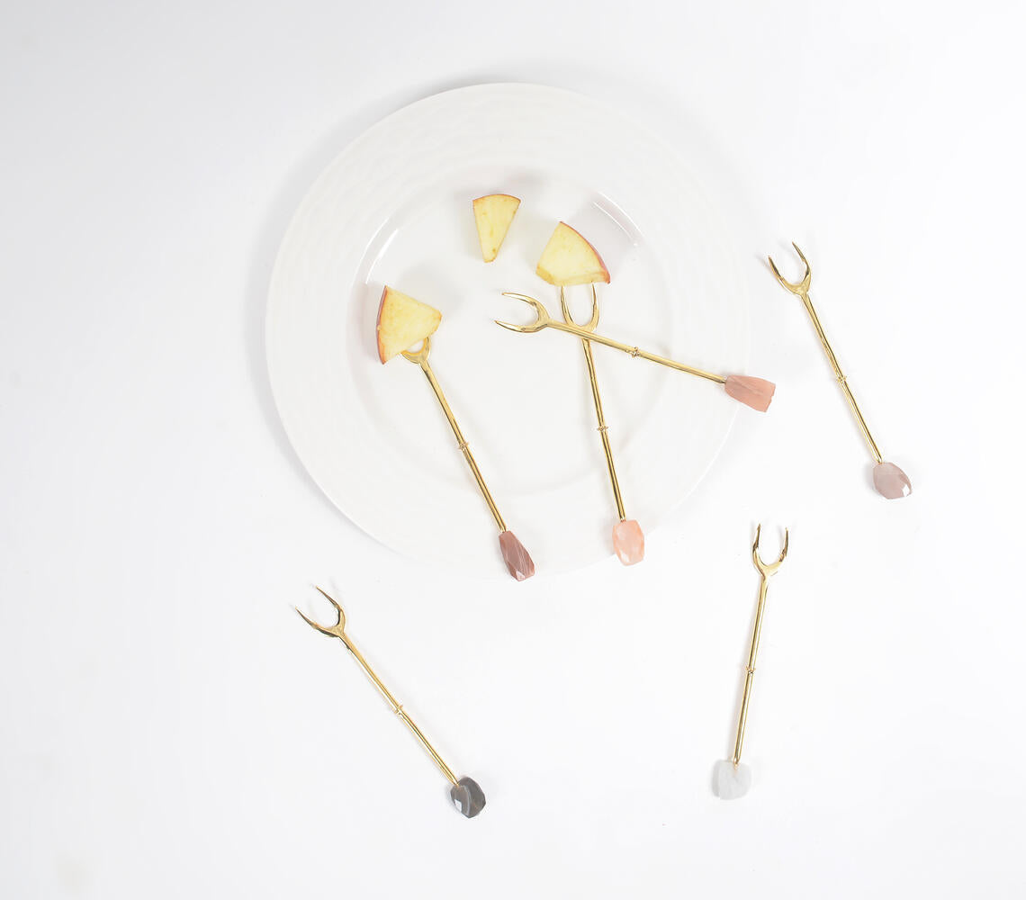Hand Cut Moonstone & Brass Appetizer Forks (Set of 6)
