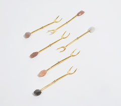Hand Cut Moonstone & Brass Appetizer Forks (Set of 6) Hand Cut Moonstone & Brass Appetizer Forks (Set of 6)