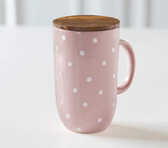 Polka-Dot Tall Ceramic Mug with Wooden Lid Polka-Dot Tall Ceramic Mug with Wooden Lid