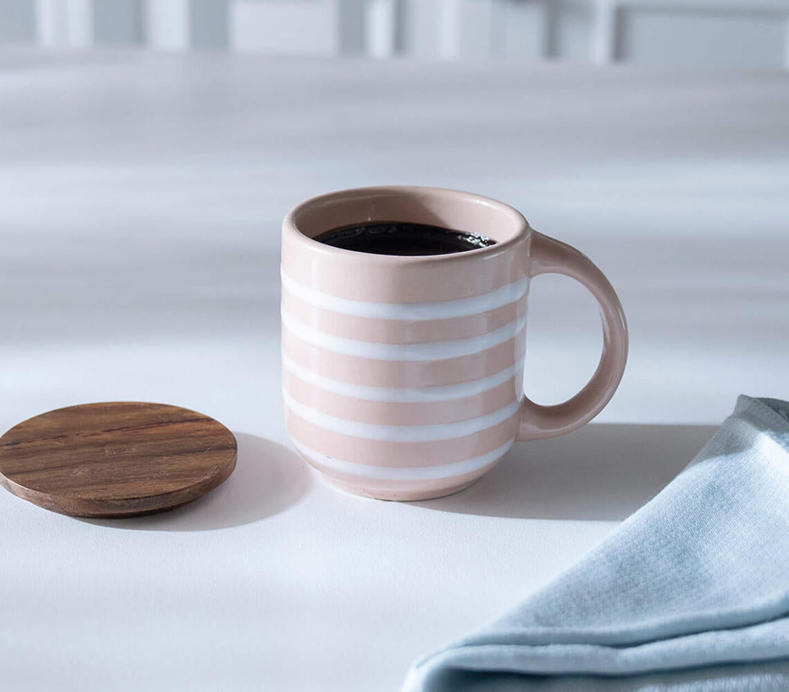 Striped Ceramic Mug with Wooden Lid