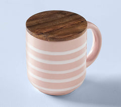 Striped Ceramic Mug with Wooden Lid Striped Ceramic Mug with Wooden Lid