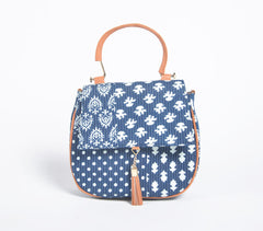 Floral Indigo Printed Handbag with Tassel Floral Indigo Printed Handbag with Tassel