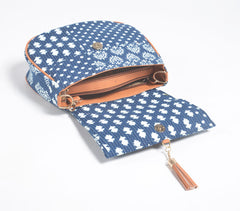 Floral Indigo Printed Handbag with Tassel Floral Indigo Printed Handbag with Tassel