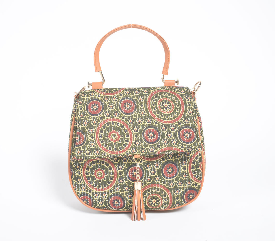 Mandala Printed Olive Handbag with Tassel