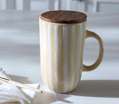 Striped Tall Ceramic Mug with Wooden Lid Striped Tall Ceramic Mug with Wooden Lid