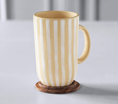 Striped Tall Ceramic Mug with Wooden Lid Striped Tall Ceramic Mug with Wooden Lid