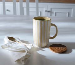 Striped Tall Ceramic Mug with Wooden Lid Striped Tall Ceramic Mug with Wooden Lid