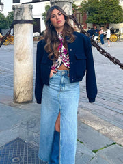 Elegant Denim Maxi Skirt with Tassel Trim and Slit