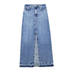 Elegant Denim Maxi Skirt with Tassel Trim and Slit