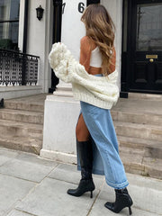 Elegant Denim Maxi Skirt with Tassel Trim and Slit