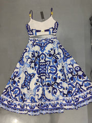blue and white porcelain printed suspender Dress