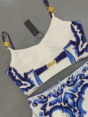 blue and white porcelain printed suspender Dress
