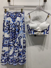 blue and white porcelain printed suspender Dress