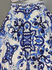 blue and white porcelain printed suspender Dress