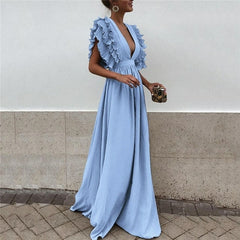 Ethereal V-Neck Chiffon Maxi Dress with Butterfly Sleeves