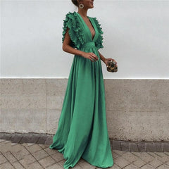 Ethereal V-Neck Chiffon Maxi Dress with Butterfly Sleeves