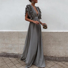 Ethereal V-Neck Chiffon Maxi Dress with Butterfly Sleeves