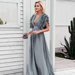 Ethereal V-Neck Chiffon Maxi Dress with Butterfly Sleeves
