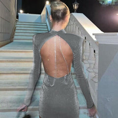 Elegant Backless Round Neck Long Sleeve Body-con Dress