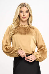 Elegant Satin Ruffle Mock Neck Top