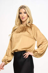 Elegant Satin Ruffle Mock Neck Top