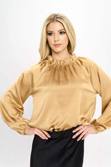 Elegant Satin Ruffle Mock Neck Top