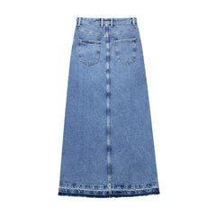 Elegant Denim Maxi Skirt with Tassel Trim and Slit