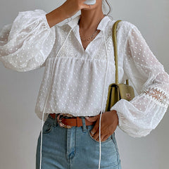 Sheer Lace Polka Dot Lantern Sleeve Top with Tassel Detail
