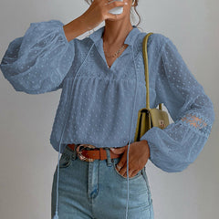 Sheer Lace Polka Dot Lantern Sleeve Top with Tassel Detail