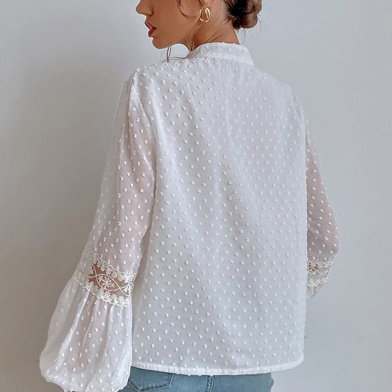 Sheer Lace Polka Dot Lantern Sleeve Top with Tassel Detail