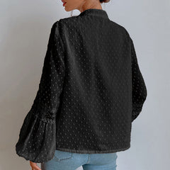 Sheer Lace Polka Dot Lantern Sleeve Top with Tassel Detail