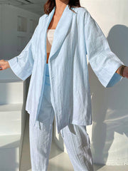 Solid Women Robe Loose Outfits Cotton Lady Two Piece