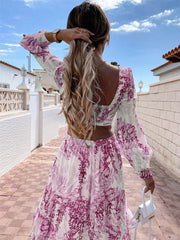 Bohemian Vibe V-Neck Backless Hollow Out Lantern Sleeve Maxi Dress
