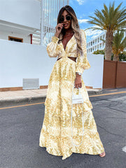 Bohemian Vibe V-Neck Backless Hollow Out Lantern Sleeve Maxi Dress