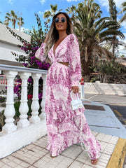 Bohemian Vibe V-Neck Backless Hollow Out Lantern Sleeve Maxi Dress