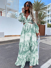 Bohemian Vibe V-Neck Backless Hollow Out Lantern Sleeve Maxi Dress