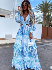 Bohemian Vibe V-Neck Backless Hollow Out Lantern Sleeve Maxi Dress
