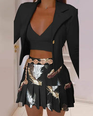 Women Pleated Mini Skirts Suit & Blazer Tops