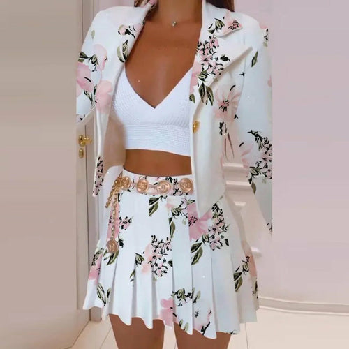 Women Pleated Mini Skirts Suit & Blazer Tops