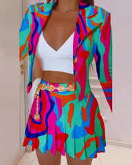 Women Pleated Mini Skirts Suit & Blazer Tops